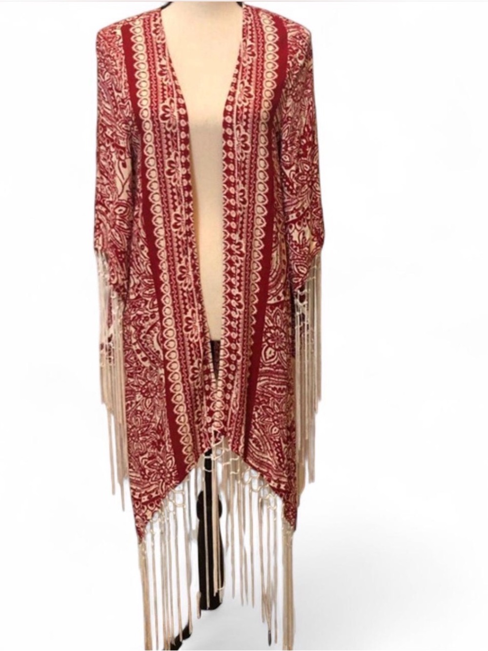 Millau Red & White Fringe Trim Boho Kimono Top Coverup - Sz XS NEW